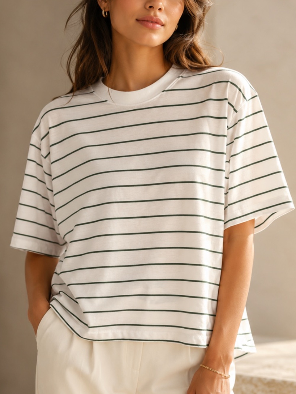 Madewell White & Green Striped Boxy Tee Relaxed Fit Size Small NWT